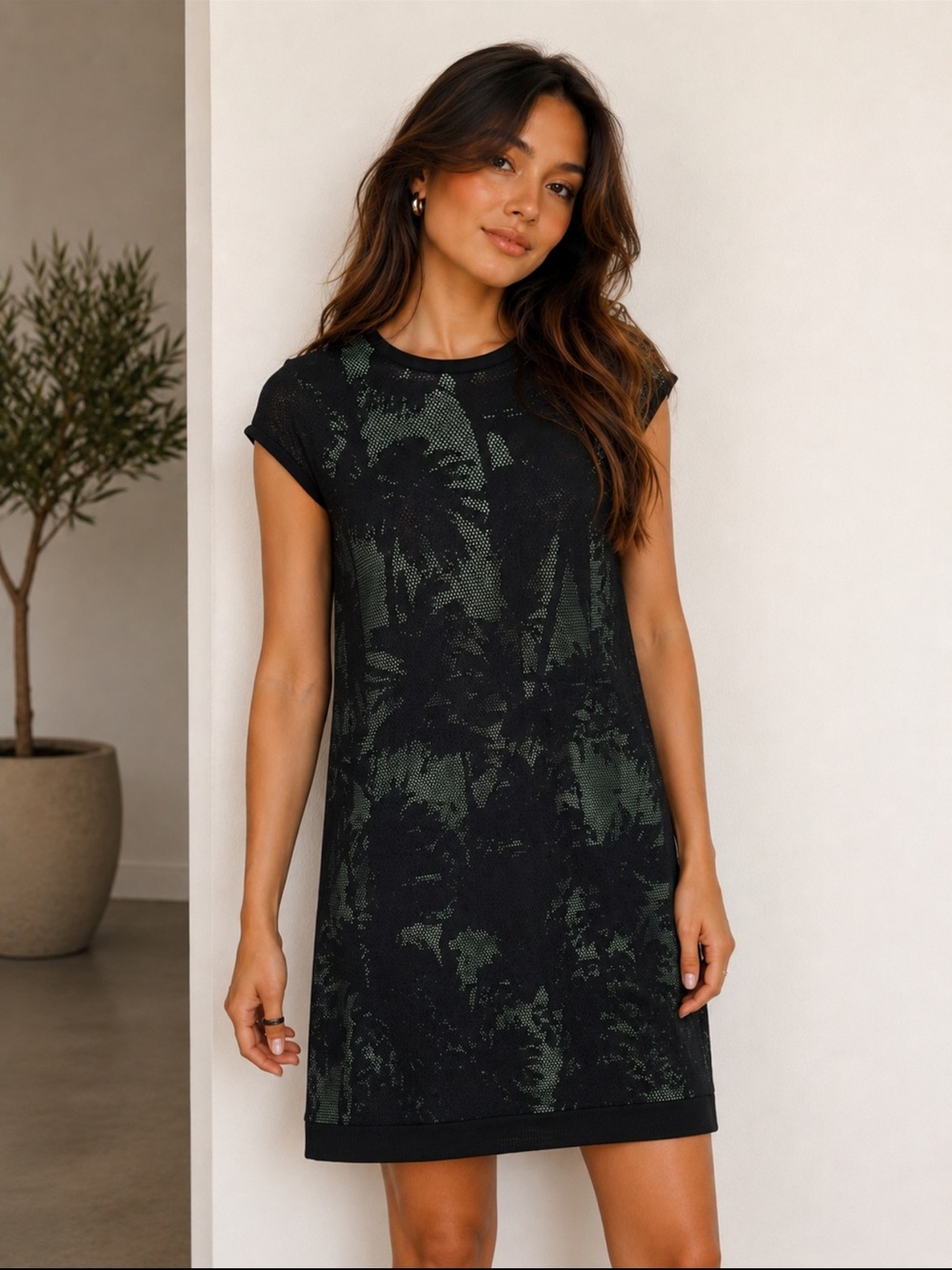 Zara Green Black Mesh Overlay Mini Shirt Dress Small Y2K